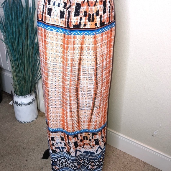 Jealous Tomato Crocheted Halter Back Orange, White & Blue Maxi Dress Size Small - Picture 8 of 8
